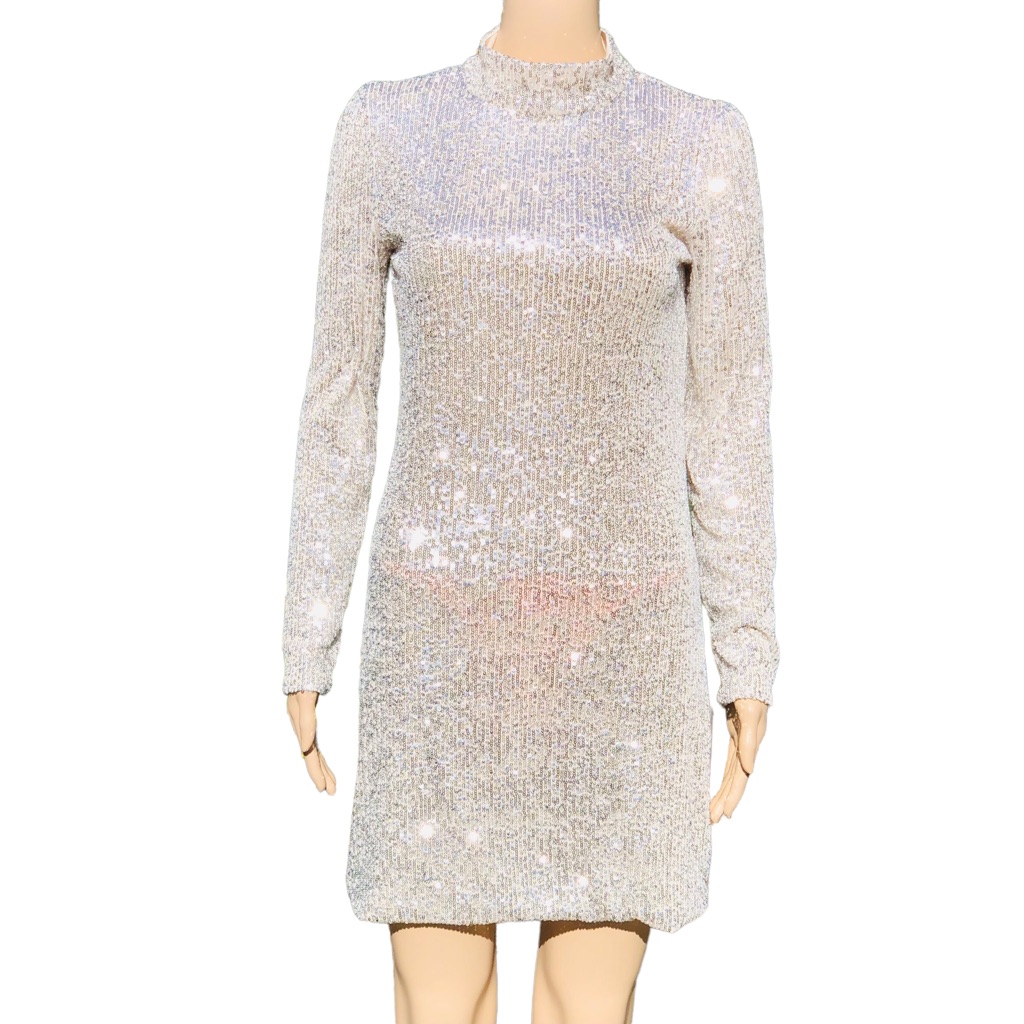 Silver Sequin Long Sleeve Mini Dress